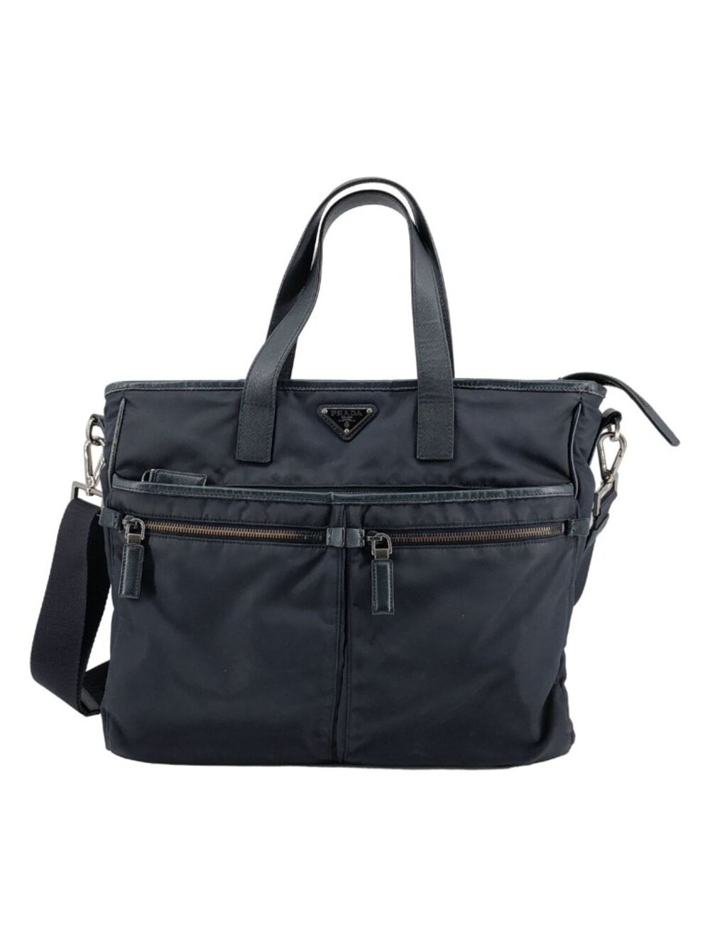 Prada Re-Nylon Saffiano Leather Triangle Logo 2-Way Tote Navy